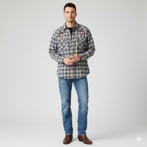 Vintage Levi's Western Shirt Plaid Skull Embroidery Pearl Snap Rockabilly Grunge - Picture 2 of 8